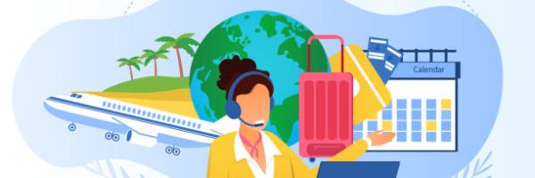 Touristic service with travel company manager. Airline call center manager wearing headset, using laptop, consulting customers. Choosing vacation tour concept. Vector illustration