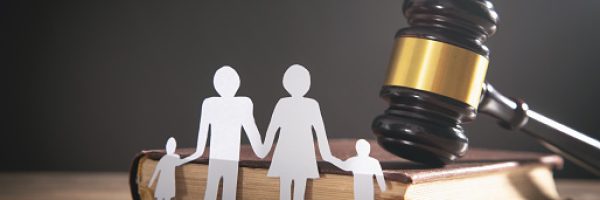 Paper cut family, judge gavel and book. Family Law